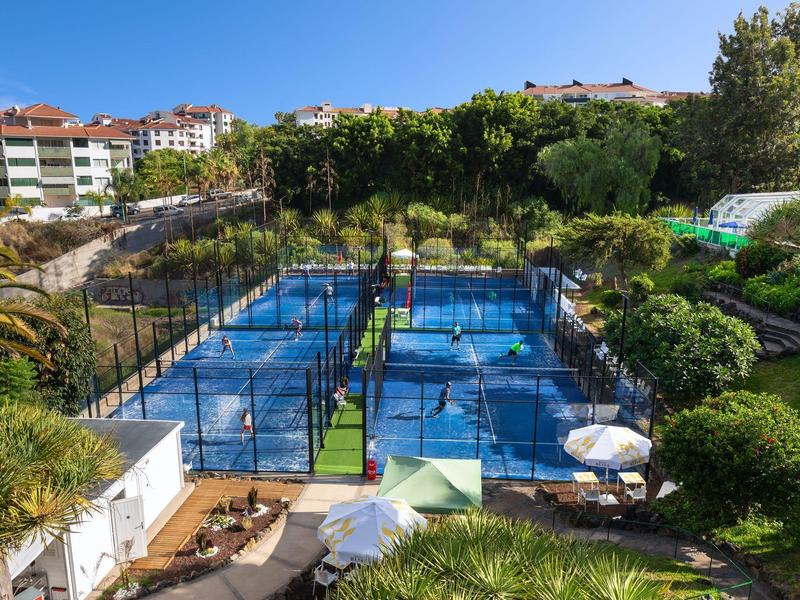 View of two blue paddle tennis courts surrounded by greenery in a residential area on a sunny day.