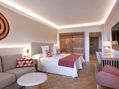 Chambre d'hôtel moderne avec lit double, canapé, armoire et télévision.