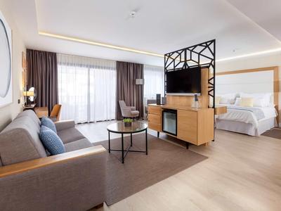 Camera d'hotel luminosa con area salotto, divisorio TV moderno e letto matrimoniale grande.