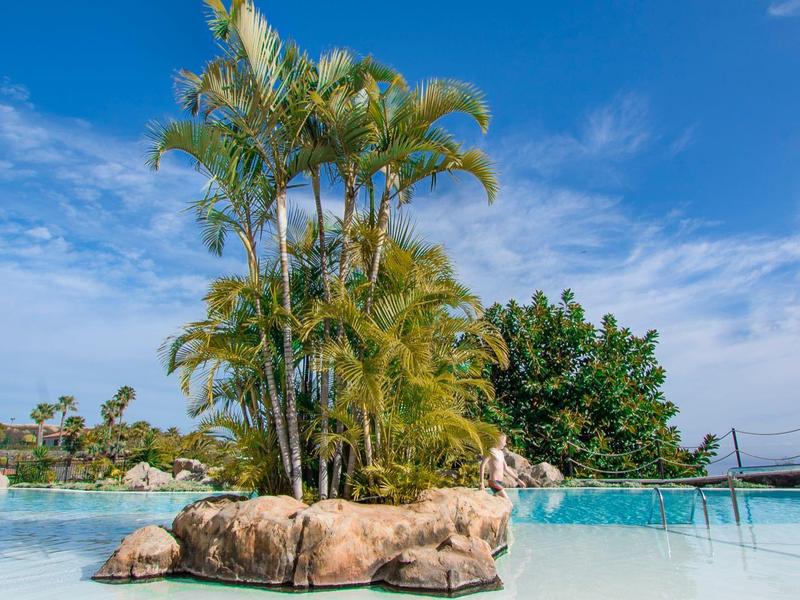 Zwembad met rotsen eiland en palmbomen onder blauwe lucht in een tropisch resort.