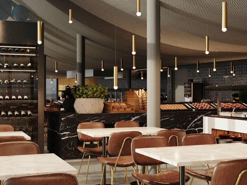 Modern restaurant with white tables, brown chairs, and warm wood accents