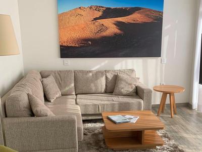 Pohodlný obývací pokoj se šedou pohovkou, dřevěným stolem, kobercem a obrazem krajiny na zdi.