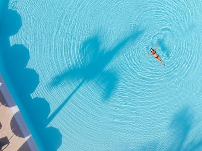 Vista aerea di una piscina blu con l'ombra di una palma e due nuotatori