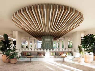 Moderner Empfangsbereich mit rundem Decken-Design aus Holzstreben und üppigen grünen Pflanzen.