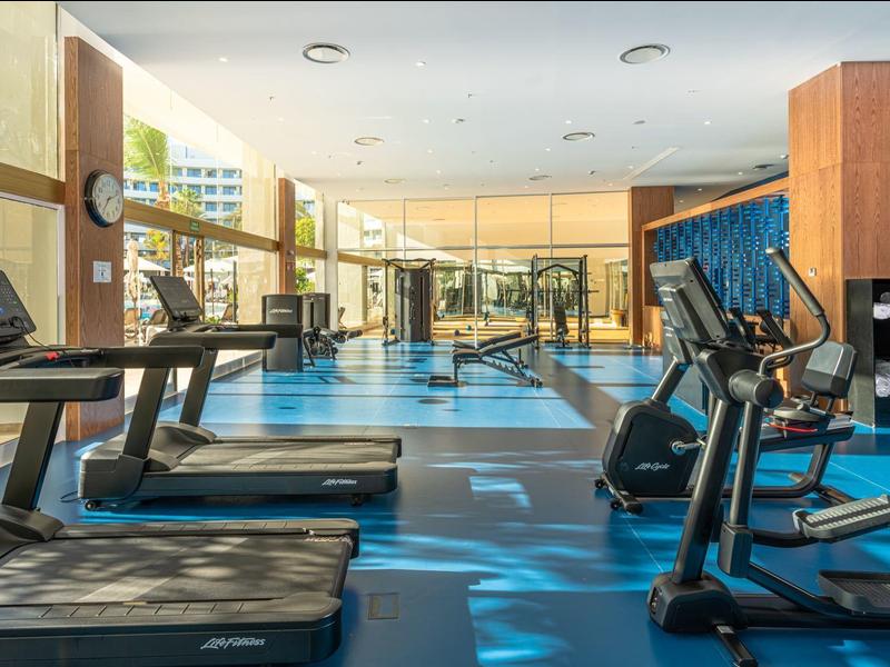 Salle de sport lumineuse avec plusieurs tapis de course et appareils d'exercice, grandes fenêtres laissant entrer beaucoup de lumière.