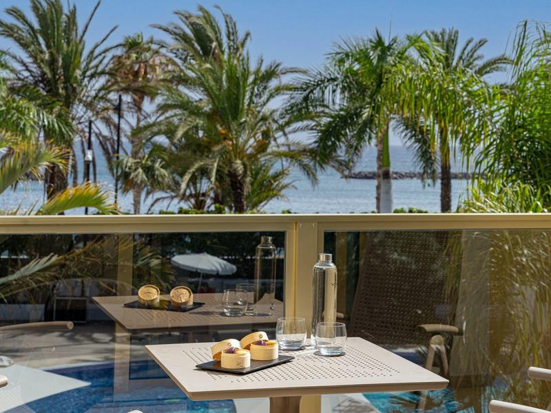 Tafel op terras met waterfles en snacks, palmbomen en zee op de achtergrond.