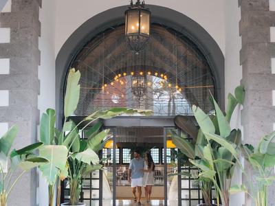 Ingresso dell'hotel con elegante facciata in vetro e grandi piante in vaso.