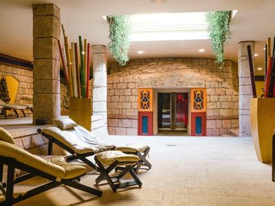 Przytulny pokój relaksacyjny z leżakami i dekoracyjną kamienną ścianą w części hotelu.