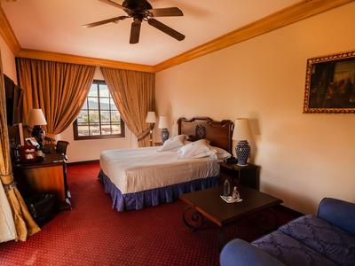 Cozy hotel room with double bed, desk, balcony, and classic decor.