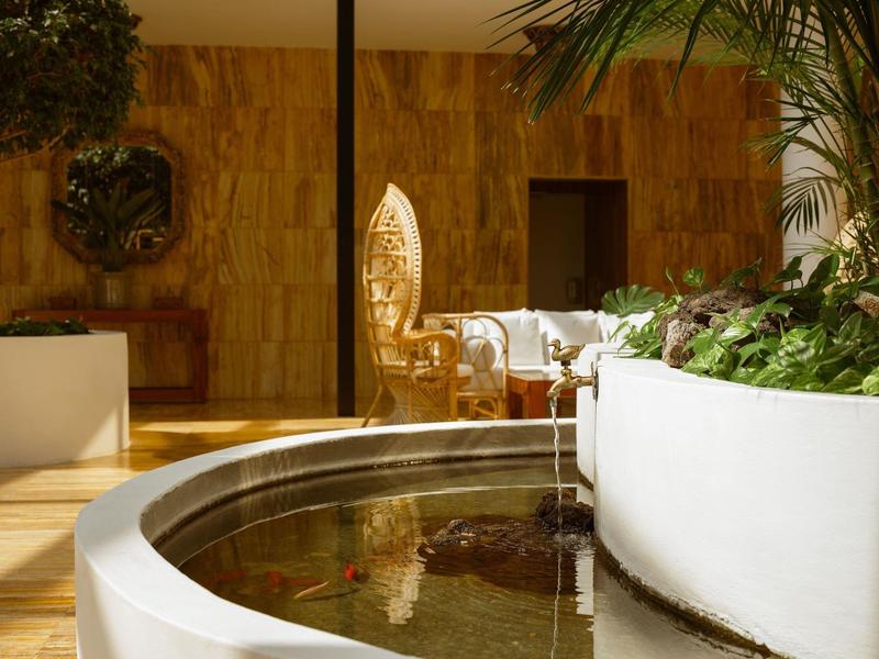 Fontana rotonda interna con piante e pareti rivestite in legno.