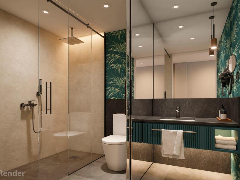 Bagno moderno con doccia in vetro, WC, lavabo, grande specchio e carta da parati tropicale.