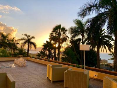 Terraza soleada con área de estar y palmeras, vista al mar al atardecer.