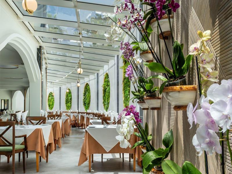 Véranda élégante d'hôtel avec plafond en verre, tables aux nappes beige et orchidées violettes.