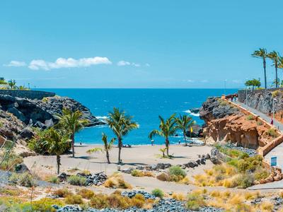 Small beach with palm trees between rocks under clear blue sky by the sea