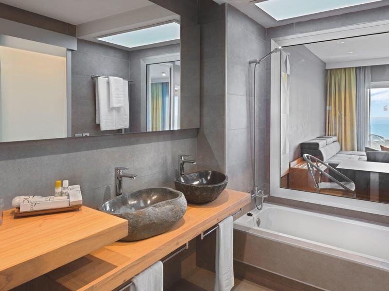 Salle de bain moderne avec double vasque, plan en bois et baignoire avec vue sur la chambre.