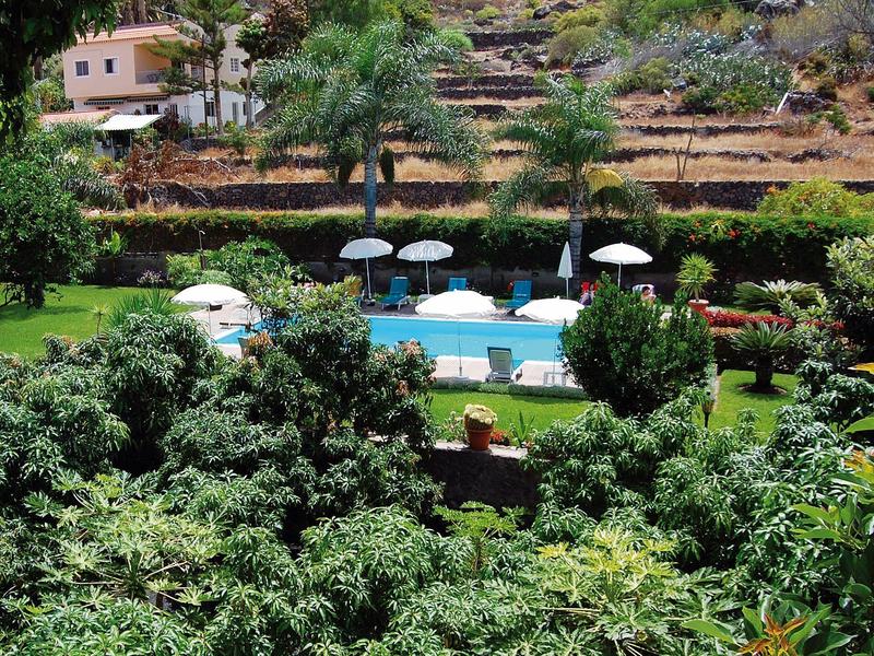 Grüner Garten mit Palmen und einem Pool vor terrassierten Hügeln und Häusern.