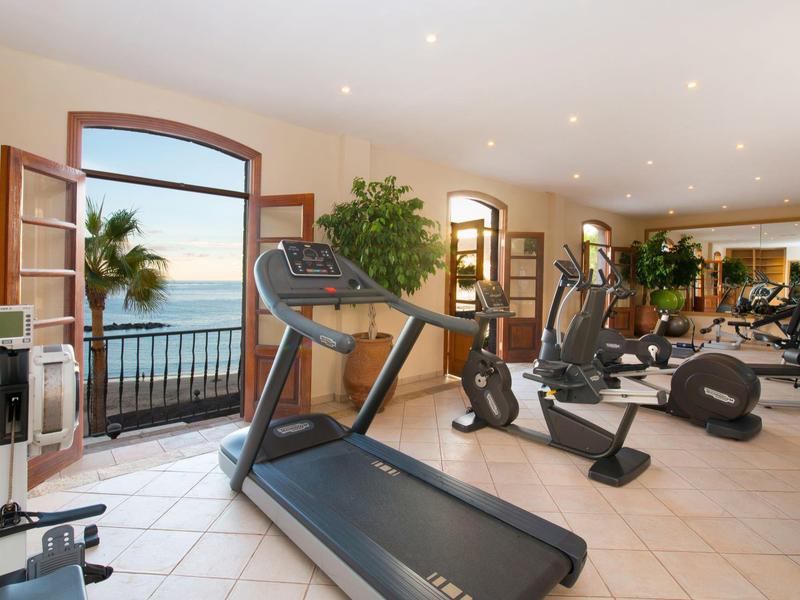 Heller Fitnessraum mit Laufband, Ergometer, Rudergerät, grünen Pflanzen und Meerblick durch große Fenster.