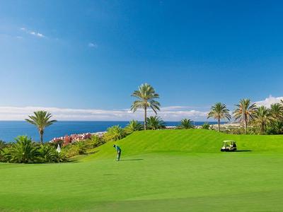 Grüner Golfplatz mit Palmen, blauem Himmel und Meer im Hintergrund bei sonnigem Wetter.