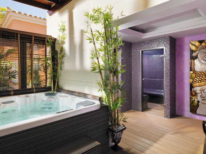 Moderner Raum mit großem Whirlpool, Bambuspflanze, lila Wand und Holzfußboden.