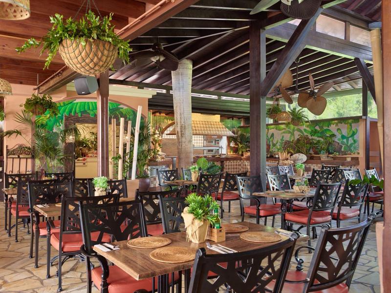 Gemütliche, überdachte Terrasse mit Holztischen, schwarzen Stühlen und Pflanzen als Dekor.