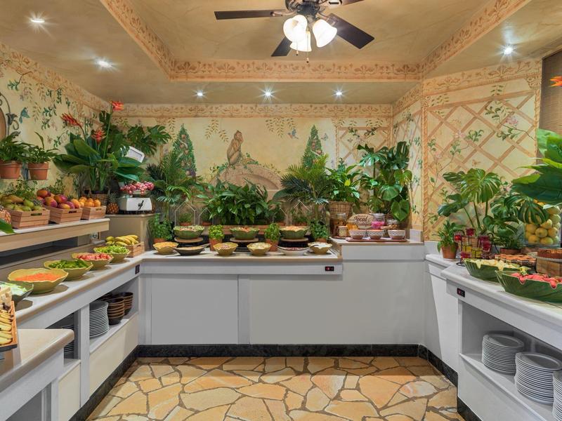 Blumenladen mit grauer Verkaufstheke, bunten Pflanzen und dekorativer bemalter Wand im Hintergrund.