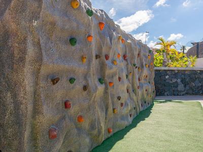 Klimmuur buiten naast een kunstgrasgebied onder een blauwe lucht.