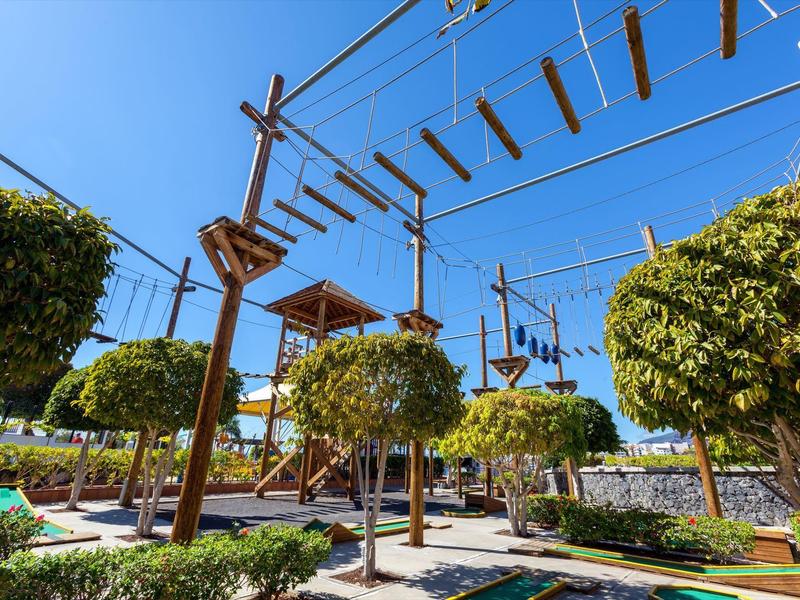 Hochseilgarten mit Kletterelementen und Bäumen unter klarem blauem Himmel