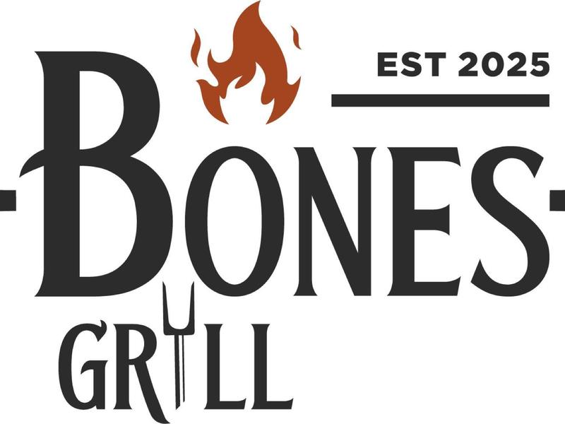 Logo mit Schriftzug "Bones Grill", Flammen-Icon und Grillsymbol.