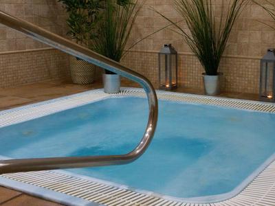 Petit bassin chauffé intérieur avec plantes et éclairage dans un hôtel.