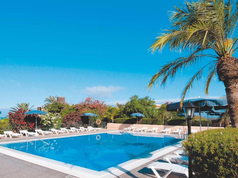 Verwarmd buitenzwembad met ligstoelen, omgeven door palmbomen en bloeiende struiken onder een blauwe lucht.