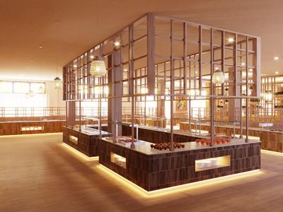 Modern hotel interior featuring a glass partition and indirect lighting.