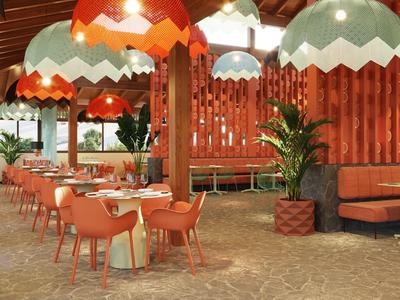 Modern hotel restaurant with orange chairs and large colorful hanging lamps.