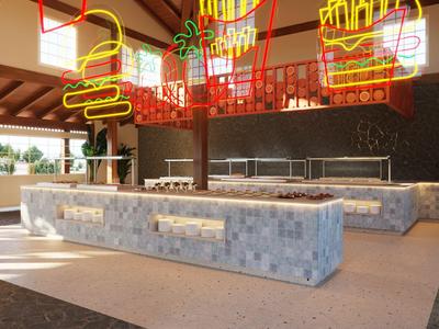 Modern outdoor area with two patterned stone benches and colorful neon lights on the ceiling.