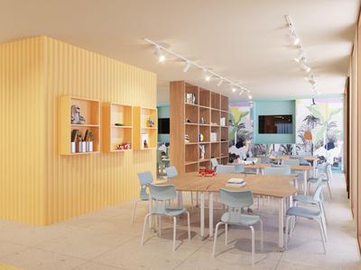 Modern, bright dining area with wooden furniture and pastel-colored chairs in a hotel.