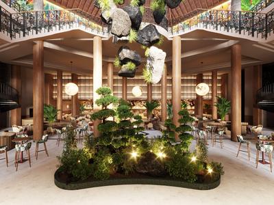 Hotel bar with elegant wood paneling, plants, and modern ceiling lights in an open area.
