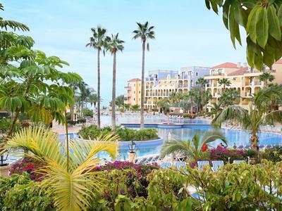 View of a hotel pool with palm trees and colorful plants under a clear sky.