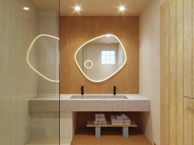Modern hotel bathroom with double sinks, large mirrors, and wood-paneled walls.