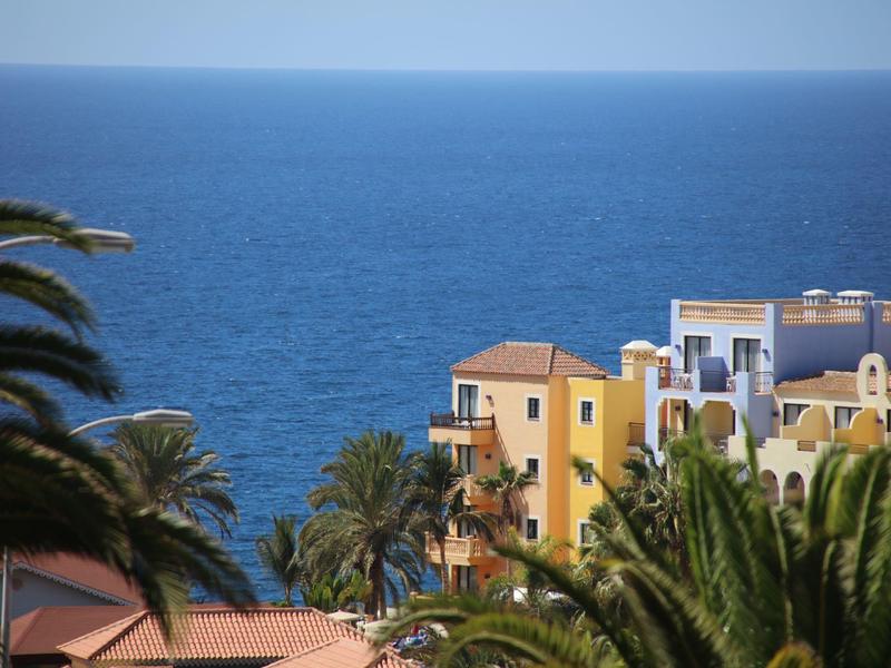 Edifici colorati e palme vicino al mare sotto un cielo azzurro.