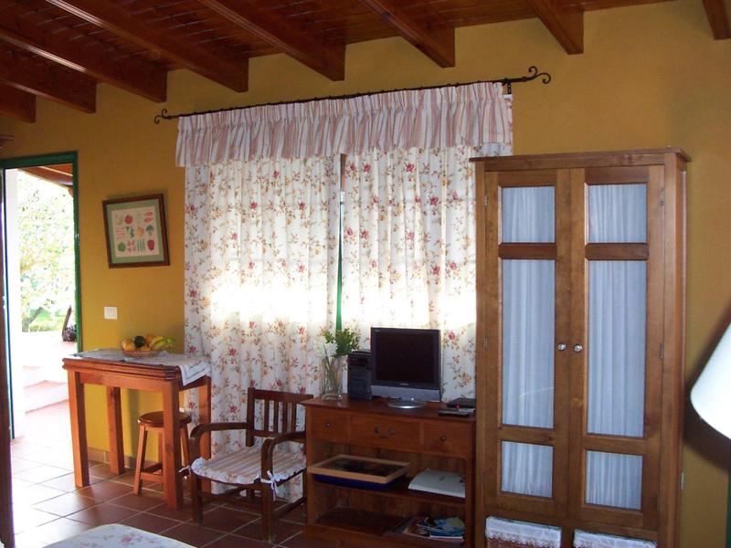 Kleines Wohnzimmer mit gelben Wänden, Holzdecke, Schrank, Tisch, Stühlen und einem kleinen Fernseher.