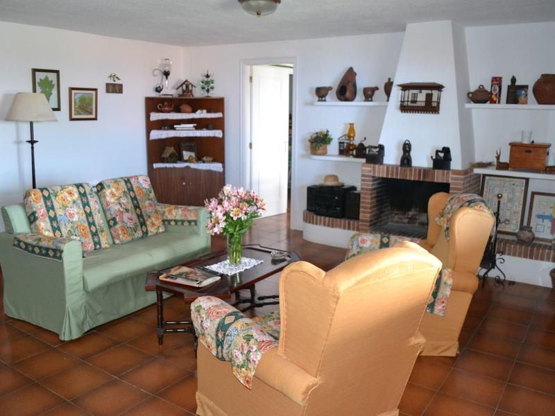 Gemütliches Wohnzimmer mit grünem Sofa, zwei Sessel, Blumen auf Tisch und Kamin im Hintergrund.