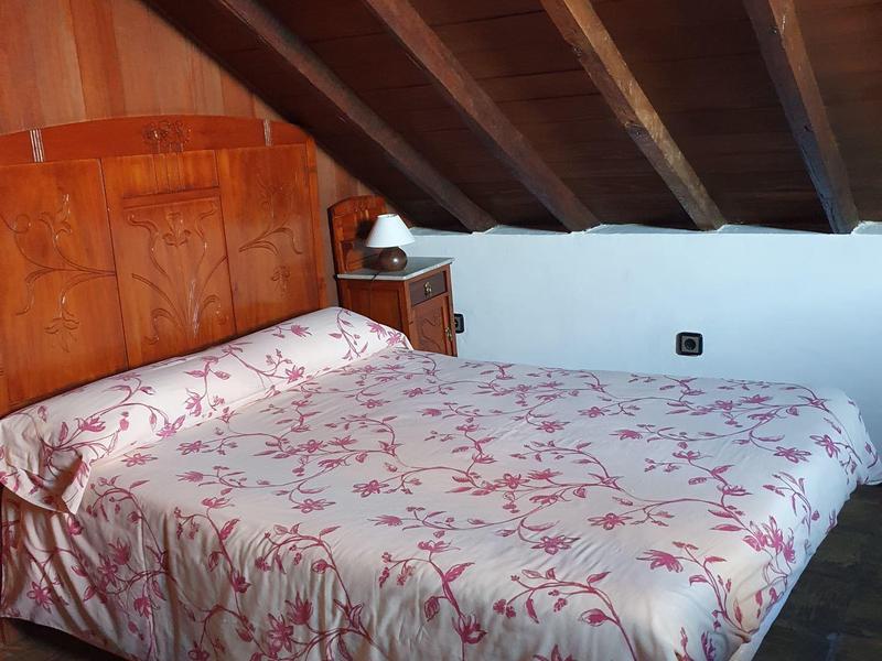 Pohodlná ložnice s dřevěným trámovým stropem, manželskou postelí a květinovým přehozem.