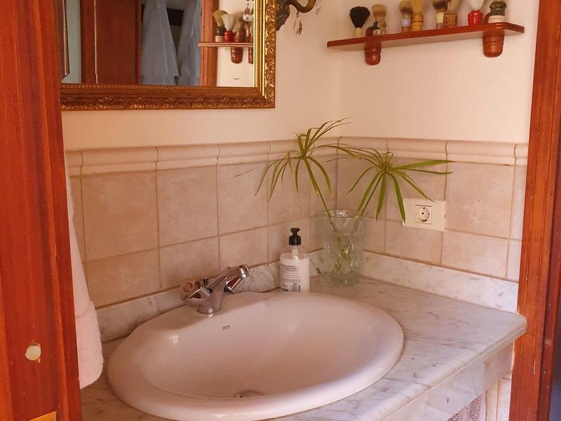 Malá koupelna s oválným umyvadlem, zrcadlem, nástěnnou lampou a rostlinami na mramorové desce.