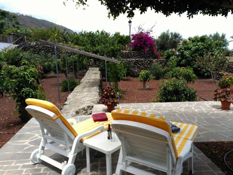 Deux chaises longues jaunes avec serviettes à côté d'une petite table dans un jardin avec un chemin.