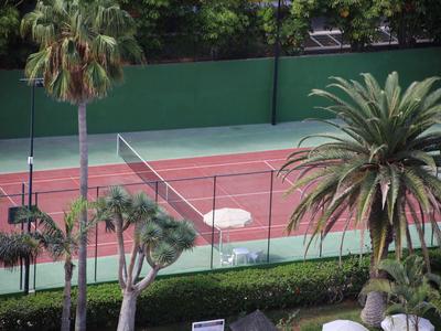 A tennis court surrounded by tall palm trees in a hotel area.