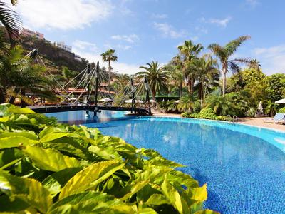 Large pool with bridge and palm trees in a tropical hotel garden