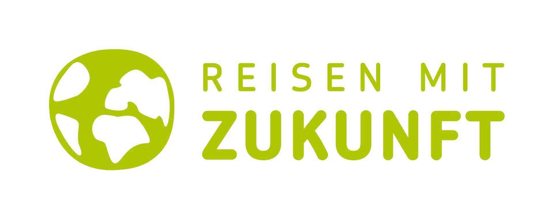 Grünes Logo mit Globus und Schriftzug 'Reisen mit Zukunft'.