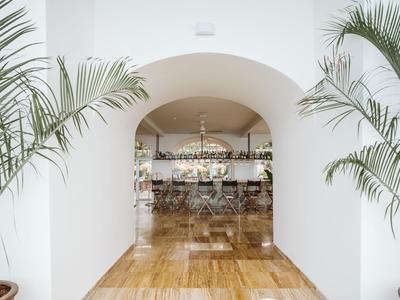 Světlá chodba s bílými stěnami, velkými rostlinami a výhledem na stylovou jídelnu.