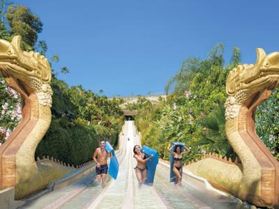 Toboggan aquatique avec deux figures de dragon dorées et des visiteurs par une journée ensoleillée.