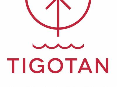 Czerwone logo Tigotan z stylizowanym motywem palmy i fal nad nazwą