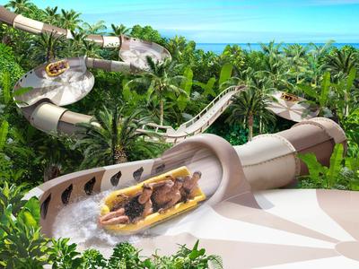 People slide down a large winding water slide in a water park surrounded by palm trees.